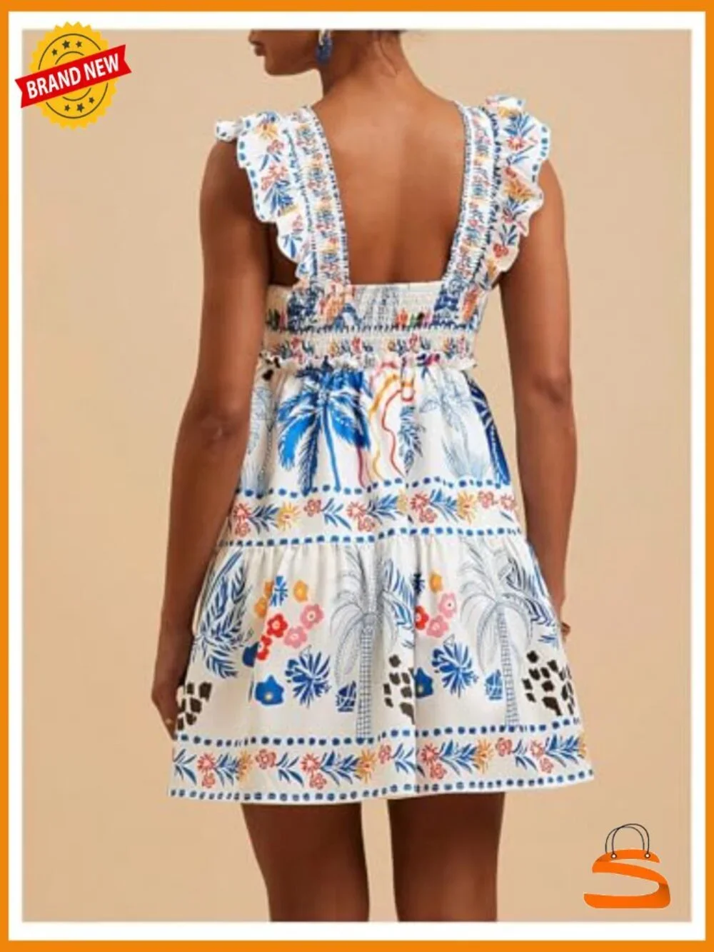 Floral Graphic Short Sleeveless Tank Dress Boho Ruffle Hem